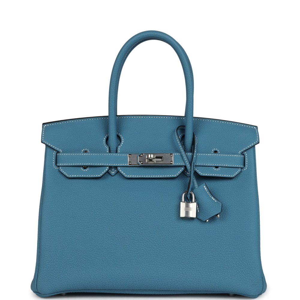 Pre-owned Hermes Birkin 30 Blue Jean Togo Palladium Hardware