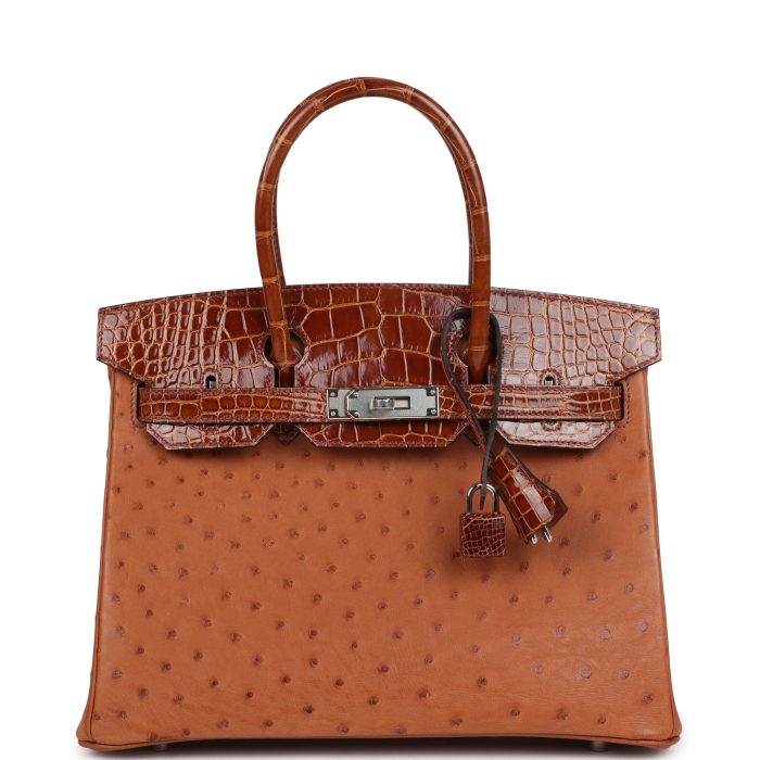 Hermes Birkin 30 Miel Shiny Alligator and Cognac Ostrich Touch Palladium Hardware