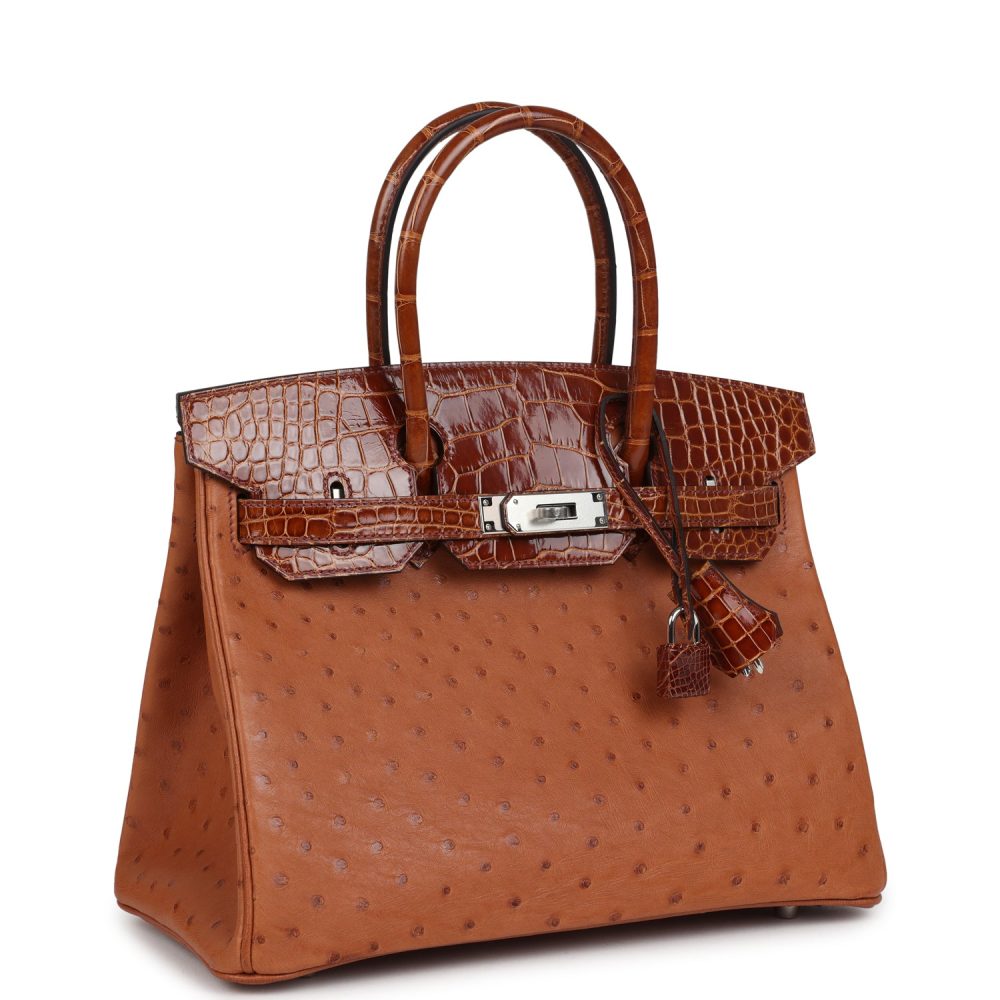 Hermes Birkin 30 Miel Shiny Alligator and Cognac Ostrich Touch Palladium Hardware - Image 2
