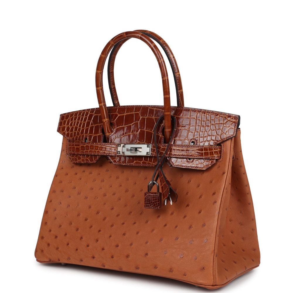 Hermes Birkin 30 Miel Shiny Alligator and Cognac Ostrich Touch Palladium Hardware - Image 5