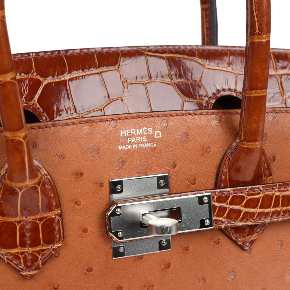 Hermes Birkin 30 Miel Shiny Alligator and Cognac Ostrich Touch Palladium Hardware - Image 7