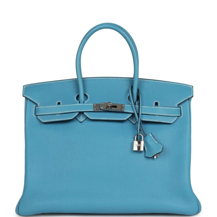 Pre-owned Hermes Birkin 35 Blue Jean Togo Palladium Hardware