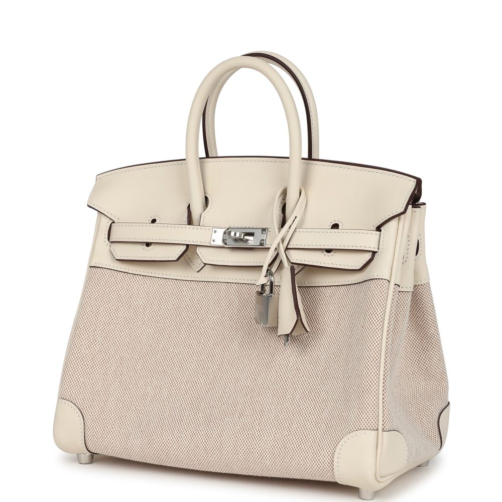 Hermes Birkin 25 Nata Swift and Ecru-Beige Toile H Canvas Palladium Hardware - Image 5