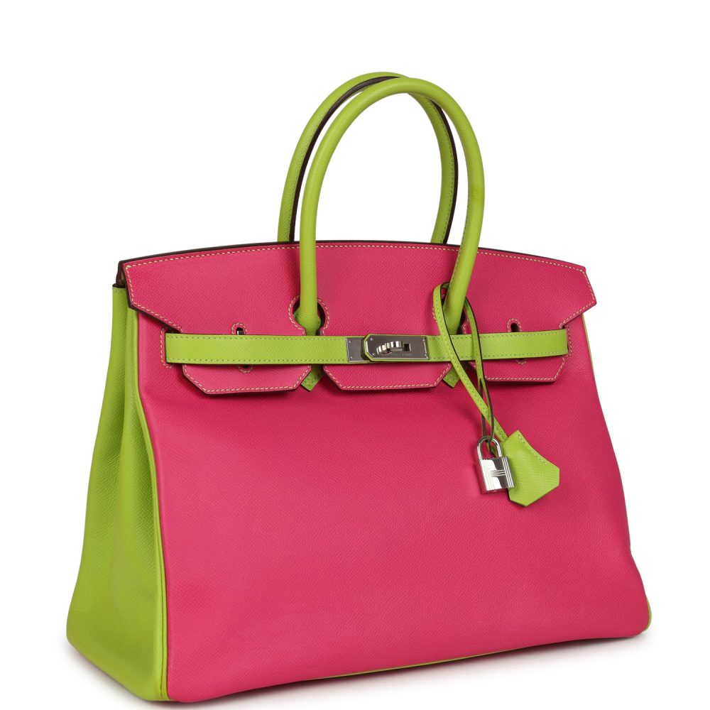 Pre-owned Hermes Special Order (HSS) Birkin 35 Rose Tyrien and Kiwi Epsom Palladium Hardware - Image 2