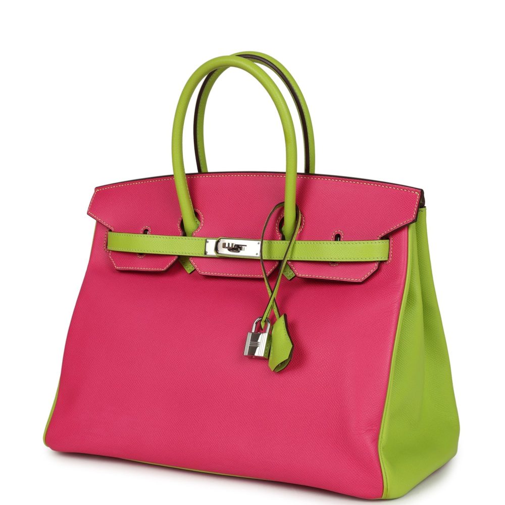 Pre-owned Hermes Special Order (HSS) Birkin 35 Rose Tyrien and Kiwi Epsom Palladium Hardware - Image 3