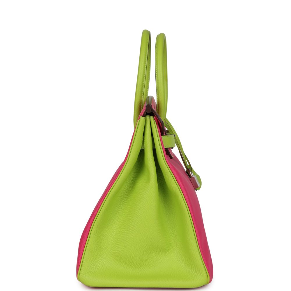 Pre-owned Hermes Special Order (HSS) Birkin 35 Rose Tyrien and Kiwi Epsom Palladium Hardware - Image 4