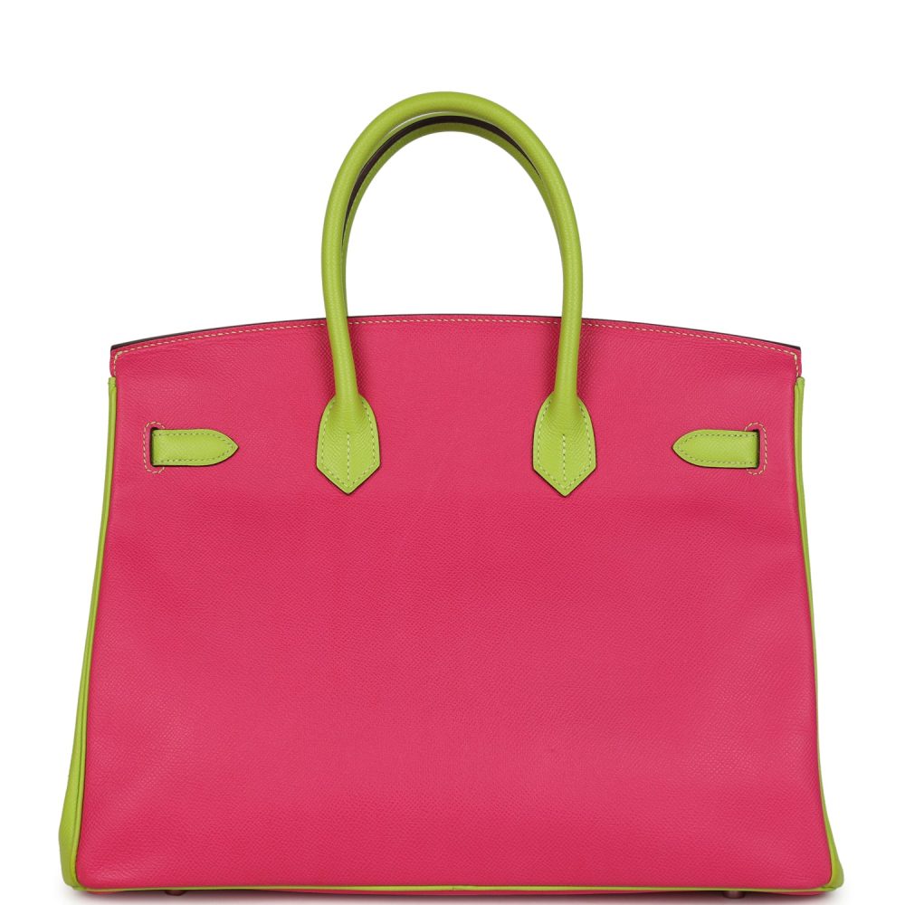 Pre-owned Hermes Special Order (HSS) Birkin 35 Rose Tyrien and Kiwi Epsom Palladium Hardware - Image 5