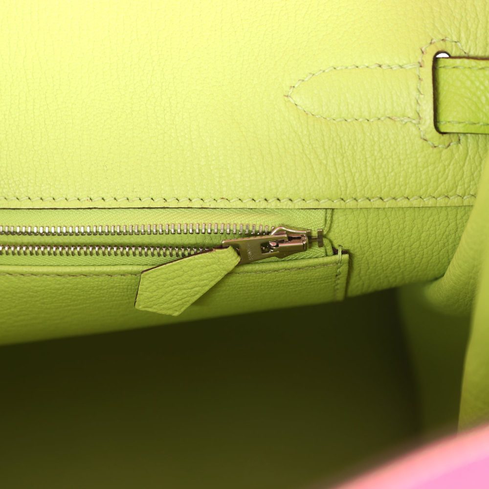 Pre-owned Hermes Special Order (HSS) Birkin 35 Rose Tyrien and Kiwi Epsom Palladium Hardware - Image 9
