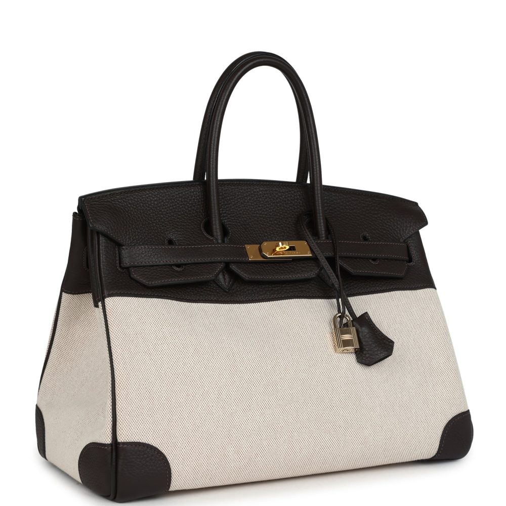 Pre-owned Hermes Birkin 35 Ebene Clemence and Ecru-Beige Toile H Canvas Gold Hardware - Image 2