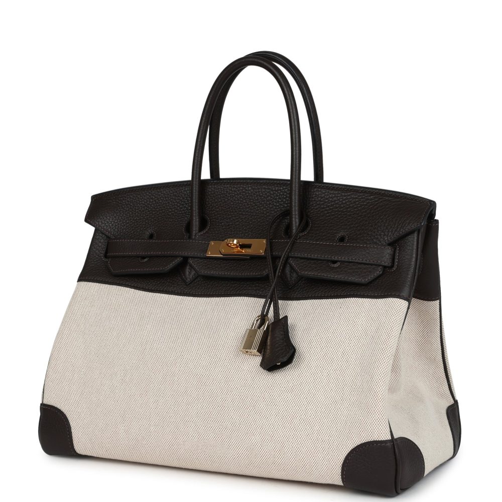 Pre-owned Hermes Birkin 35 Ebene Clemence and Ecru-Beige Toile H Canvas Gold Hardware - Image 5