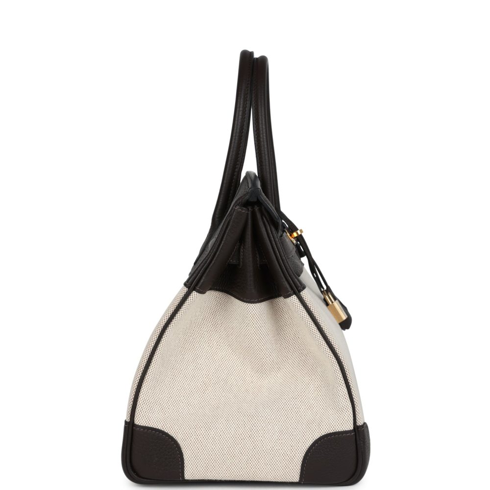 Pre-owned Hermes Birkin 35 Ebene Clemence and Ecru-Beige Toile H Canvas Gold Hardware - Image 3