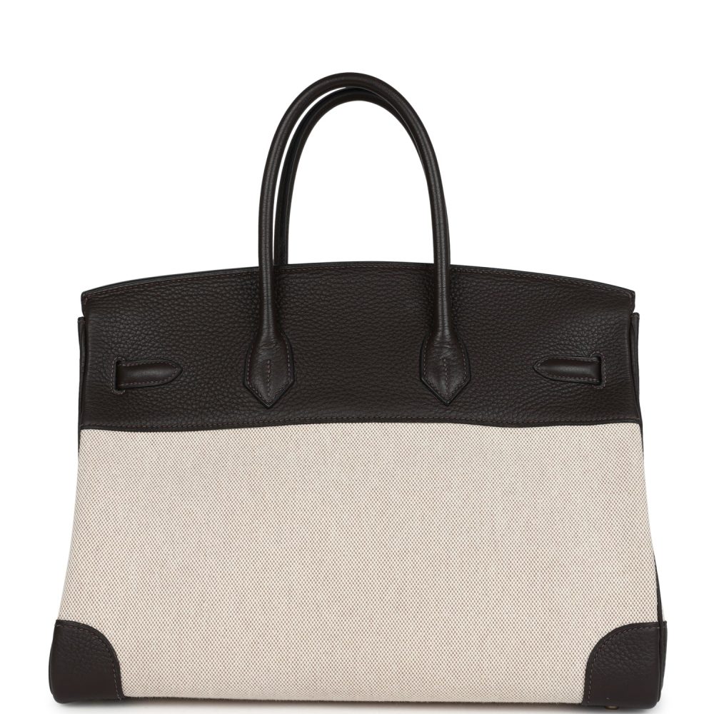 Pre-owned Hermes Birkin 35 Ebene Clemence and Ecru-Beige Toile H Canvas Gold Hardware - Image 4