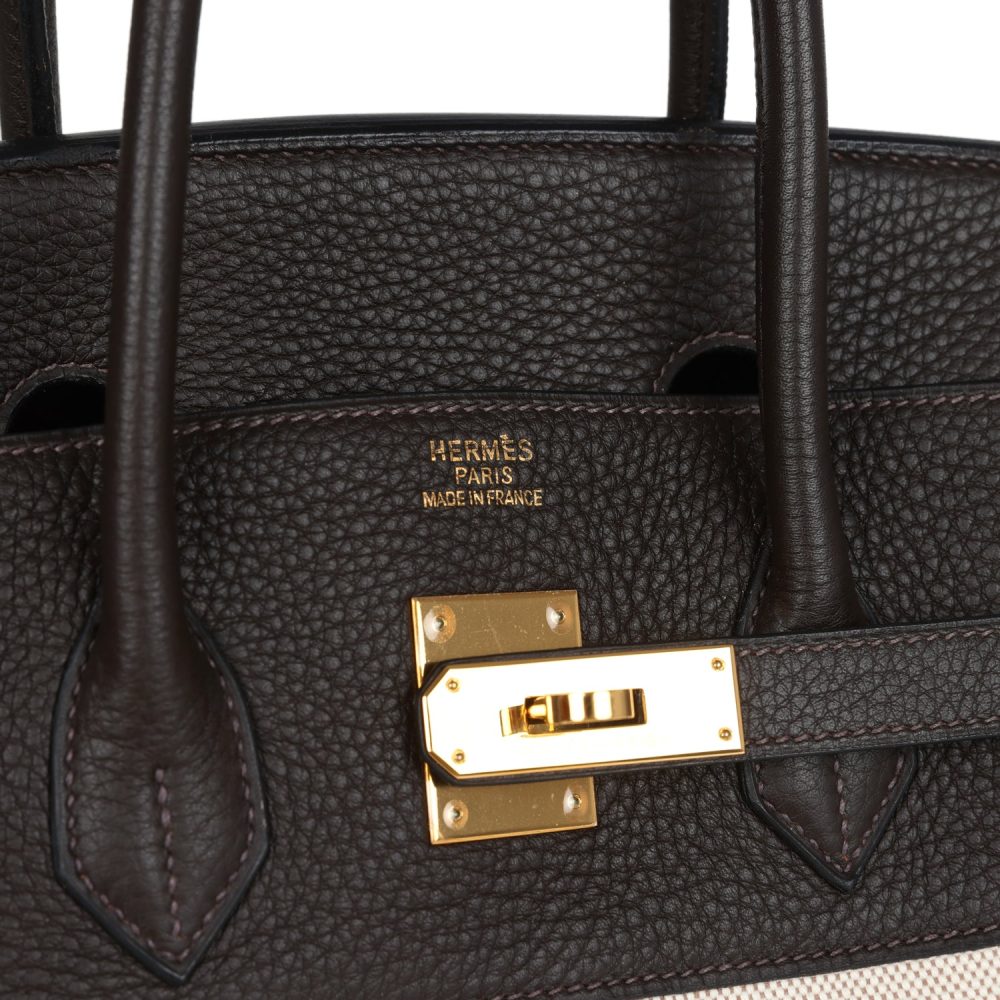 Pre-owned Hermes Birkin 35 Ebene Clemence and Ecru-Beige Toile H Canvas Gold Hardware - Image 7