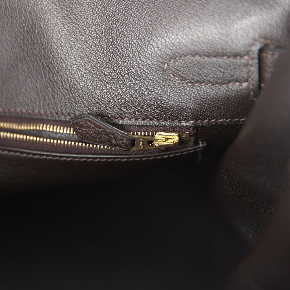Pre-owned Hermes Birkin 35 Ebene Clemence and Ecru-Beige Toile H Canvas Gold Hardware - Image 9