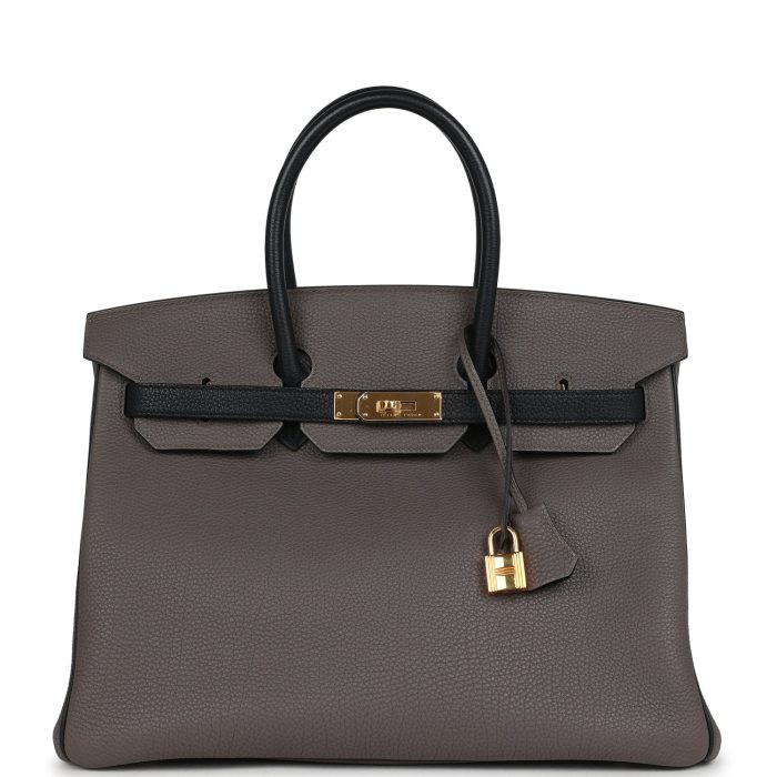 Pre-owned Hermes Special Order (HSS) Birkin 35 Etain and Black Togo Gold Hardware