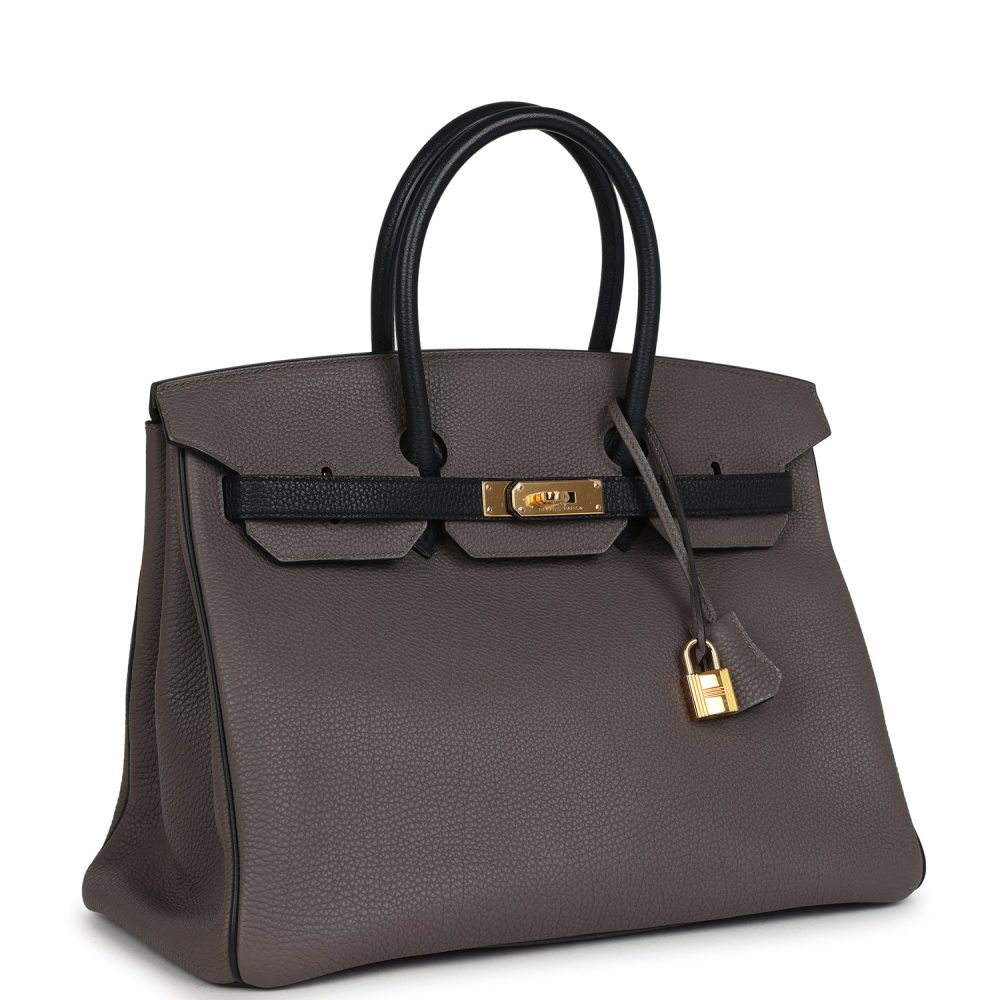 Pre-owned Hermes Special Order (HSS) Birkin 35 Etain and Black Togo Gold Hardware - Image 2