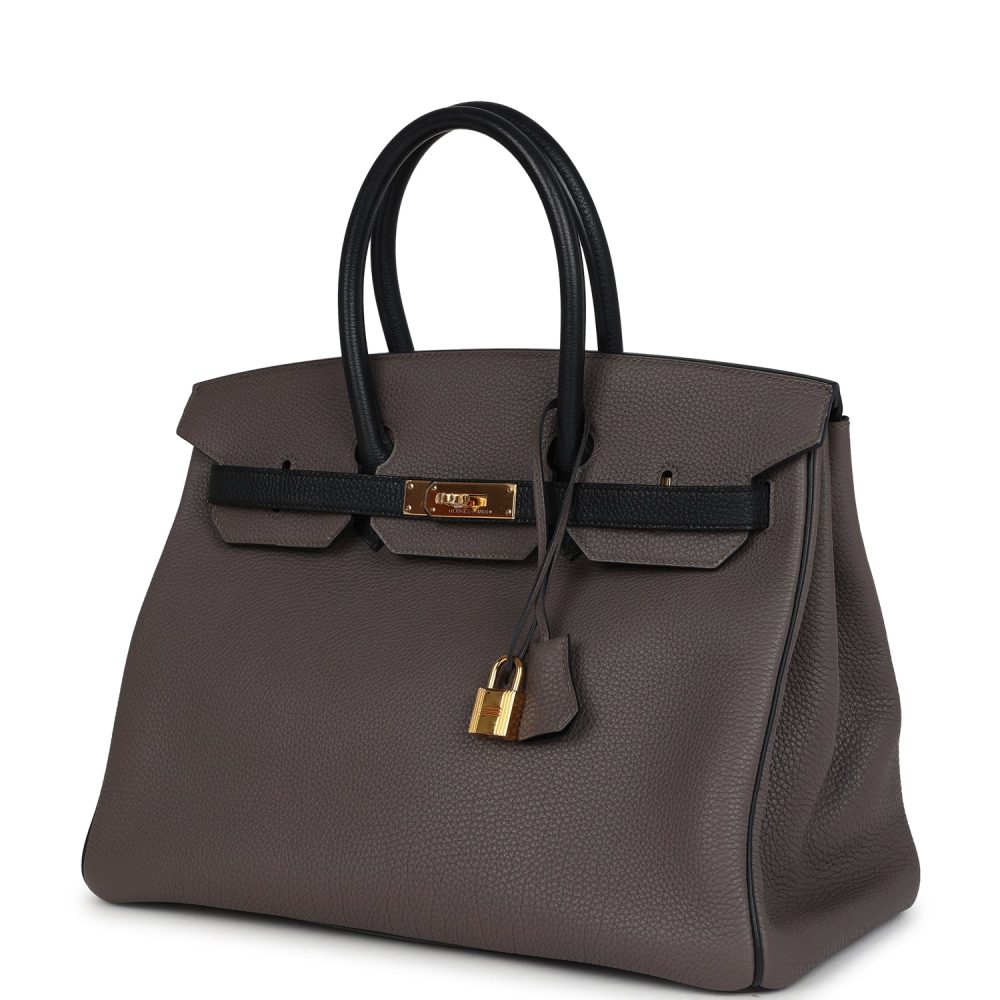 Pre-owned Hermes Special Order (HSS) Birkin 35 Etain and Black Togo Gold Hardware - Image 5