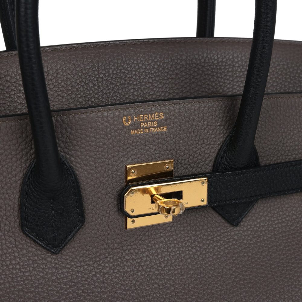 Pre-owned Hermes Special Order (HSS) Birkin 35 Etain and Black Togo Gold Hardware - Image 7