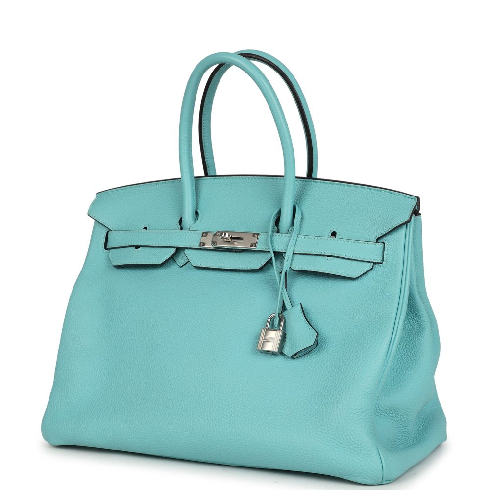 Pre-owned Hermes Birkin 35 Bleu Atoll Togo Palladium Hardware - Image 5