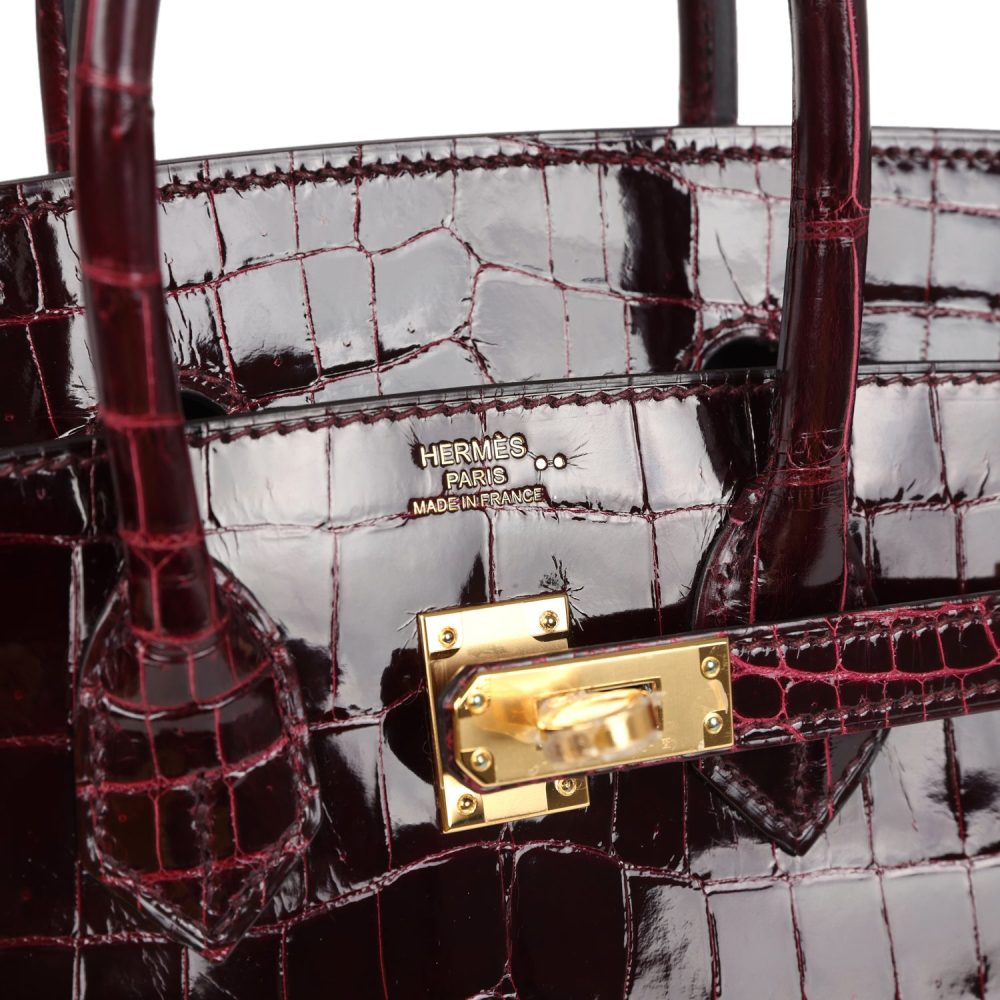 Hermes Birkin 25 Bordeaux Shiny Niloticus Crocodile Gold Hardware - Image 7