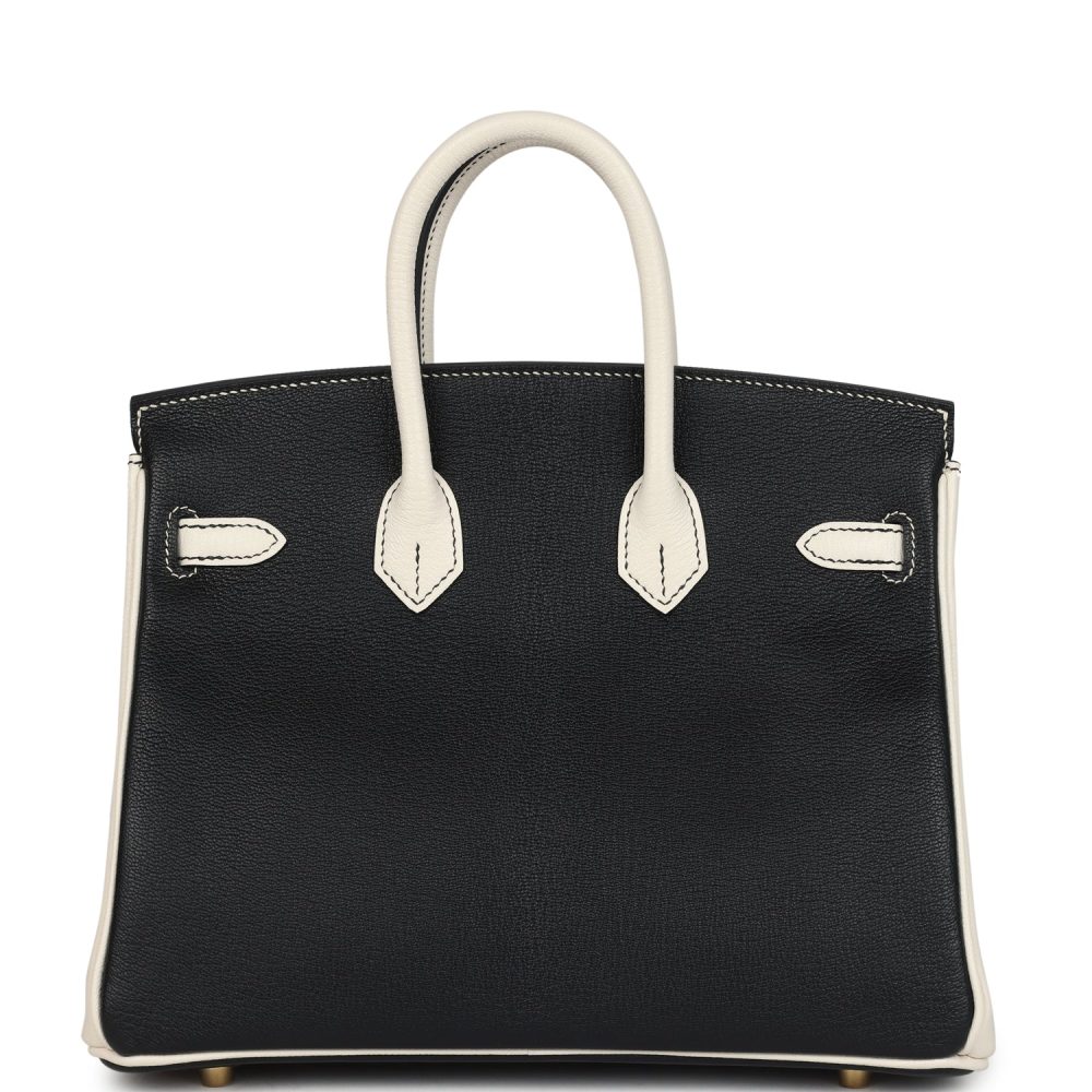 Hermes Special Order (HSS) Birkin 25 Bi-Color Black and Nata Chevre Mysore Brushed Gold Hardware - Image 4