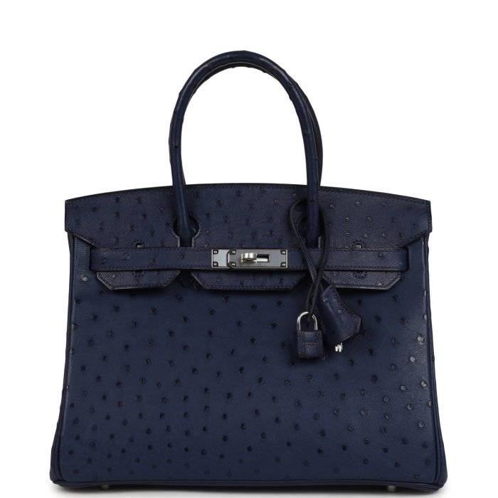 Pre-owned Hermes Birkin 30 Bleu Iris Ostrich Palladium Hardware