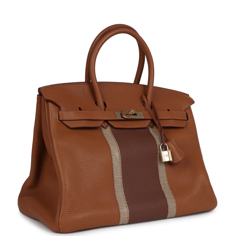 Pre-owned Hermes Birkin Club 35 Gold and Marron d'Inde Clemence and Ficelle Lizard Permabrass Hardware - Image 2