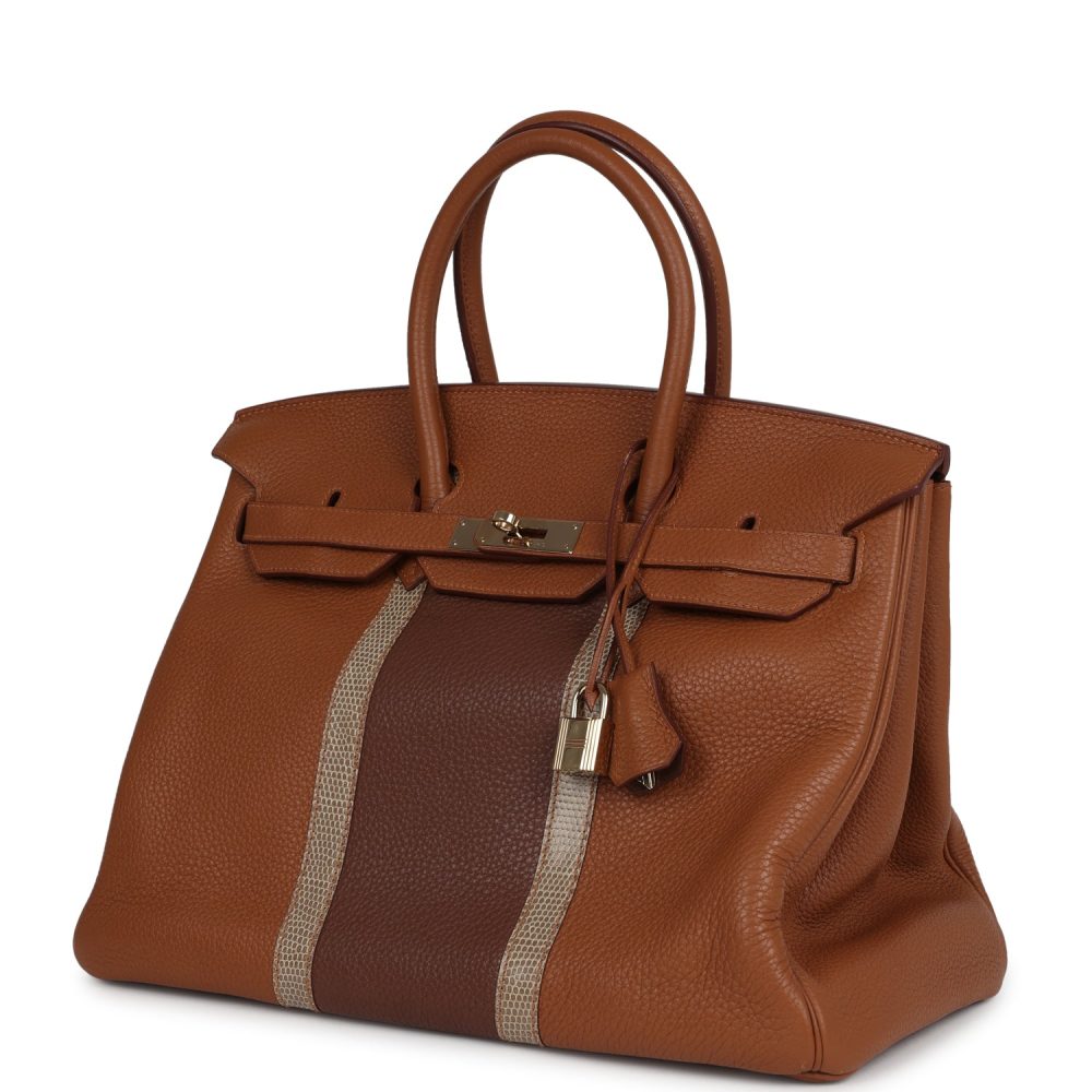 Pre-owned Hermes Birkin Club 35 Gold and Marron d'Inde Clemence and Ficelle Lizard Permabrass Hardware - Image 5