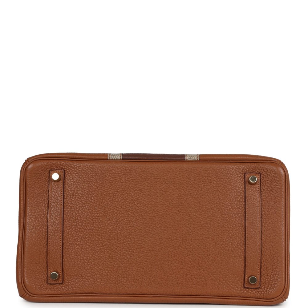 Pre-owned Hermes Birkin Club 35 Gold and Marron d'Inde Clemence and Ficelle Lizard Permabrass Hardware - Image 6