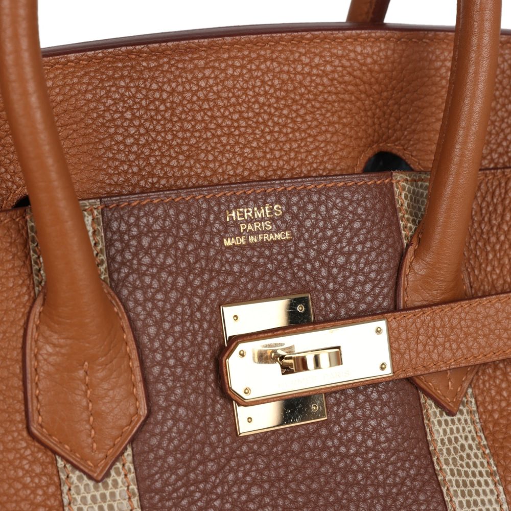 Pre-owned Hermes Birkin Club 35 Gold and Marron d'Inde Clemence and Ficelle Lizard Permabrass Hardware - Image 7