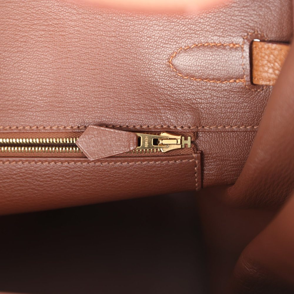 Pre-owned Hermes Birkin Club 35 Gold and Marron d'Inde Clemence and Ficelle Lizard Permabrass Hardware - Image 9