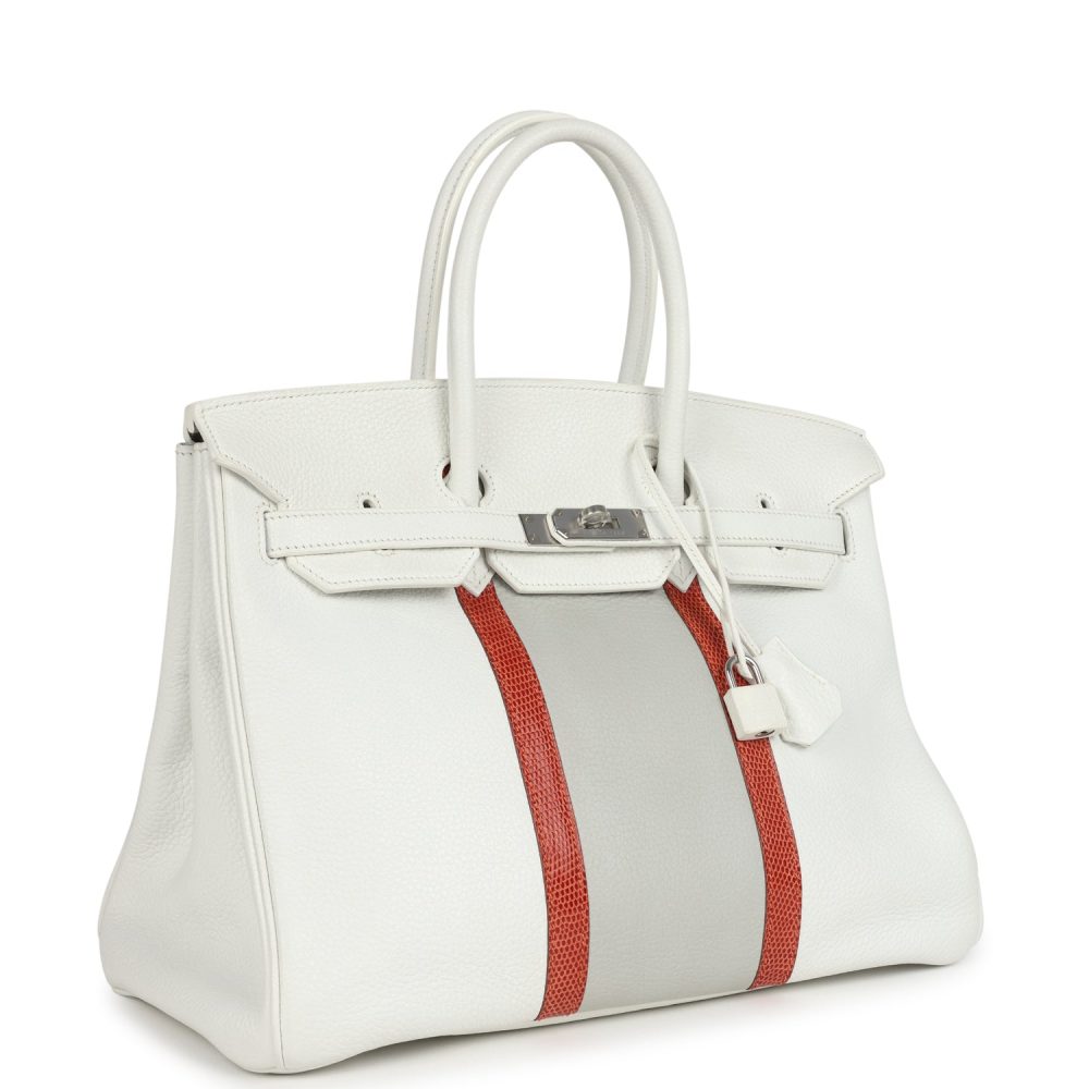 Pre-owned Hermes Birkin Club 35 White and Gris Perle Clemence and Sanguine Lizard Palladium Hardware - Image 2
