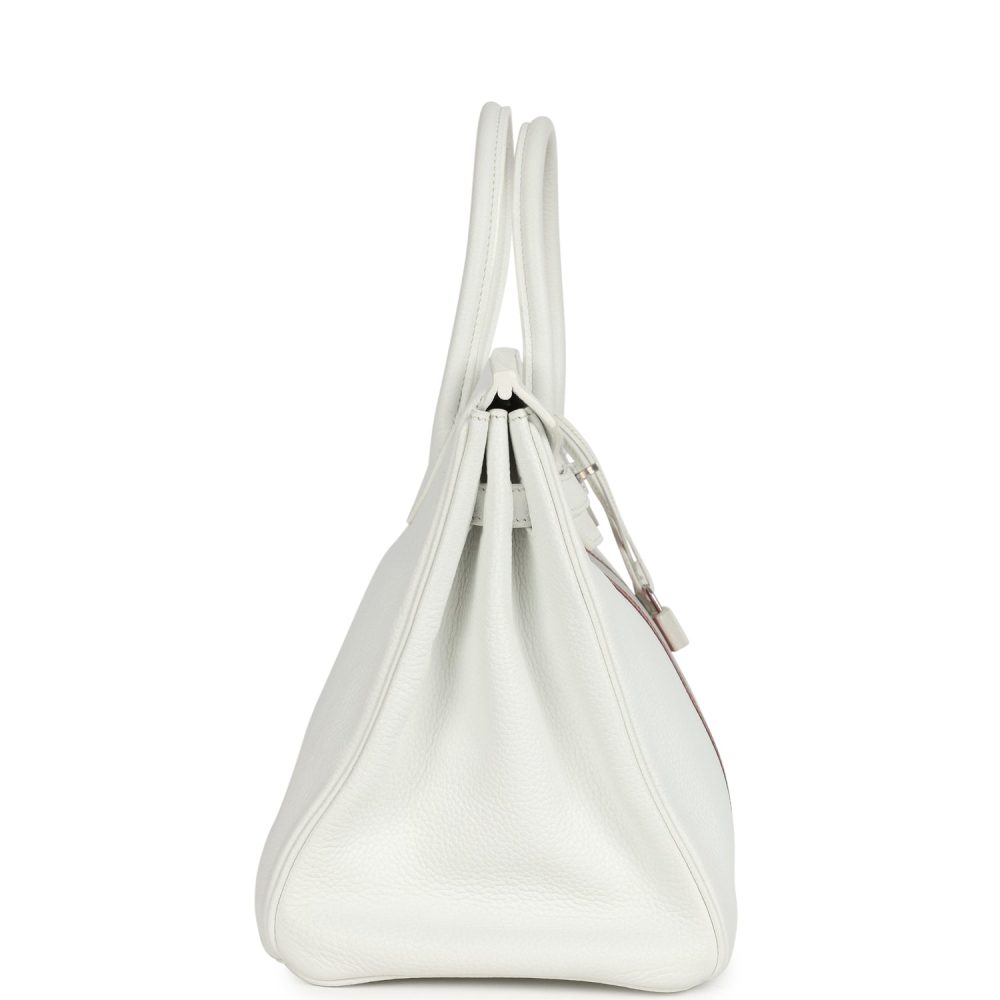 Pre-owned Hermes Birkin Club 35 White and Gris Perle Clemence and Sanguine Lizard Palladium Hardware - Image 3