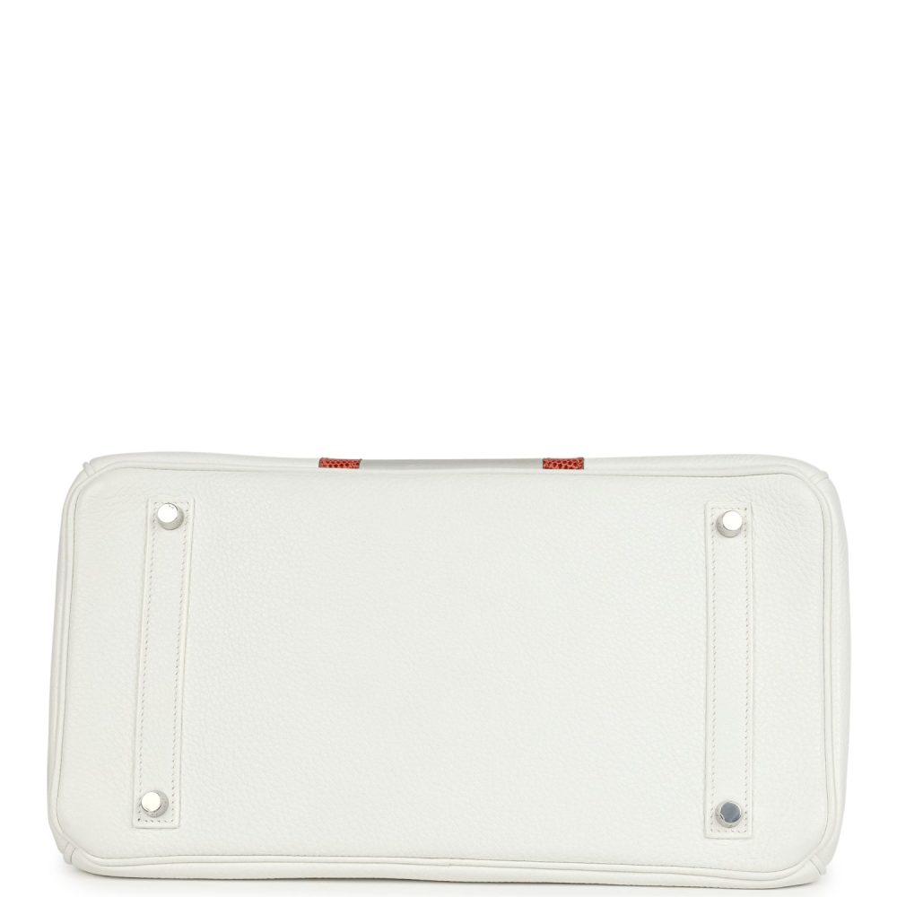 Pre-owned Hermes Birkin Club 35 White and Gris Perle Clemence and Sanguine Lizard Palladium Hardware - Image 6