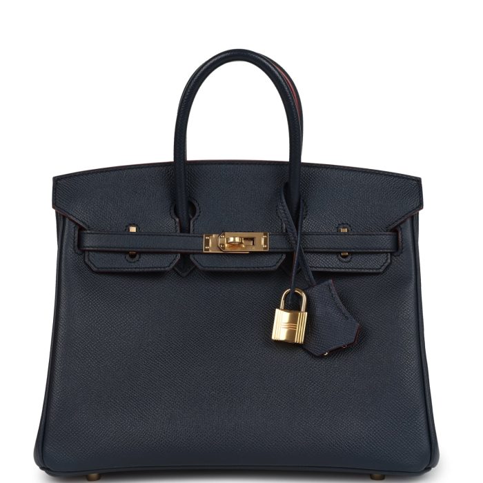 Pre-owned Hermes Birkin 25 Bleu Indigo and Rouge H Contour Epsom Gold Hardware