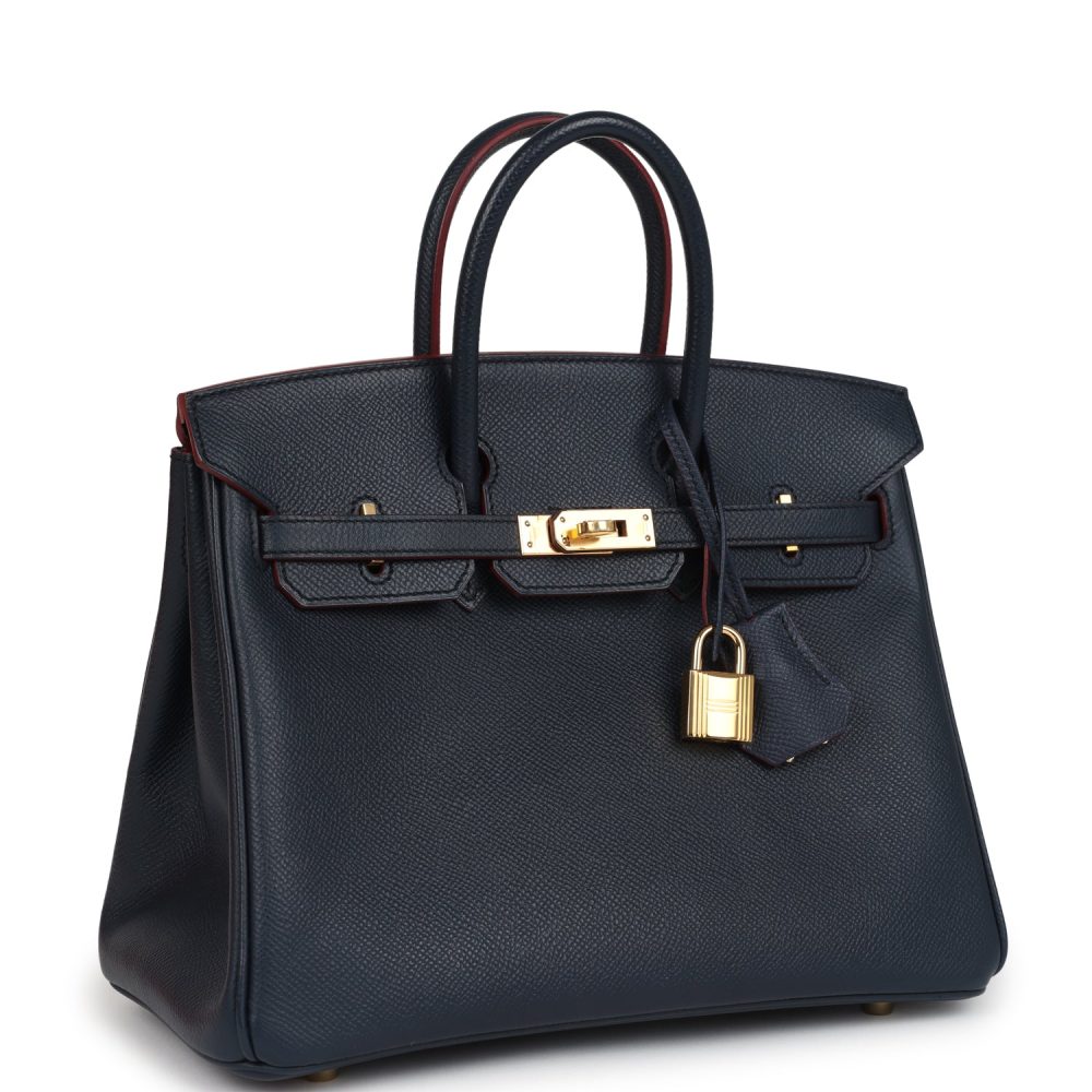 Pre-owned Hermes Birkin 25 Bleu Indigo and Rouge H Contour Epsom Gold Hardware - Image 2