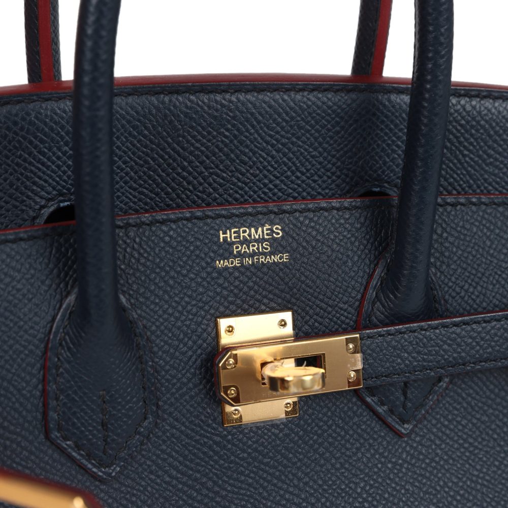 Pre-owned Hermes Birkin 25 Bleu Indigo and Rouge H Contour Epsom Gold Hardware - Image 7