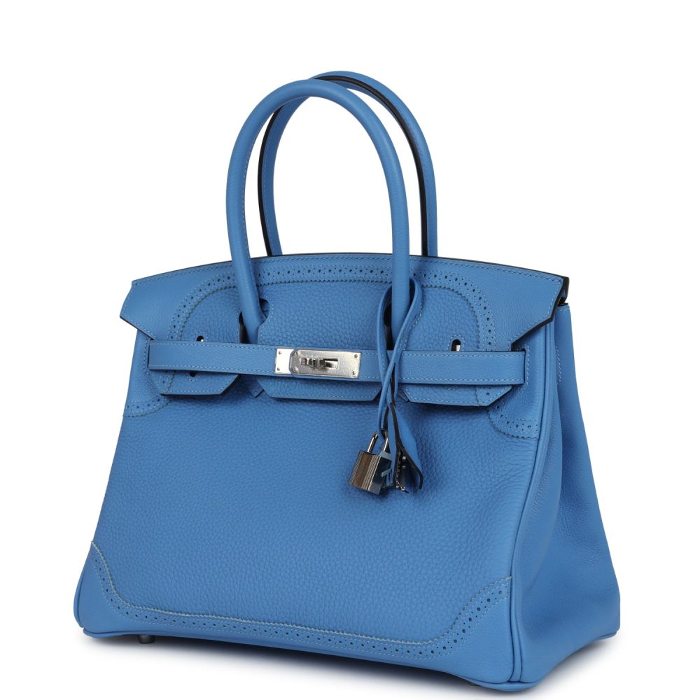 Hermes Birkin 30 Ghillies Bleu Paradise Clemence and Evercolor Palladium Hardware - Image 5