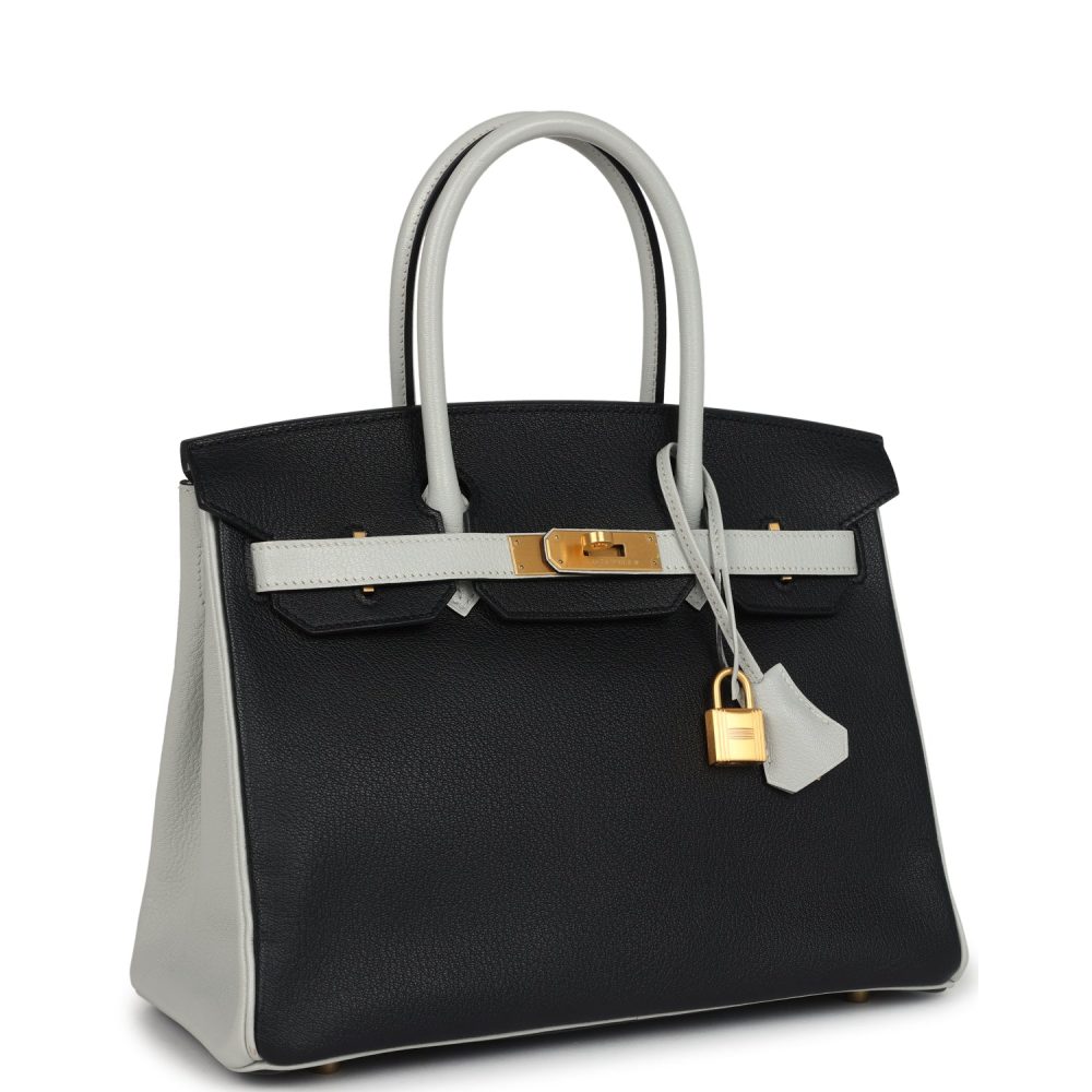 Pre-owned Hermes Special Order (HSS) Birkin 30 Black and Gris Perle Chevre Mysore Brushed Gold Hardware - Image 2