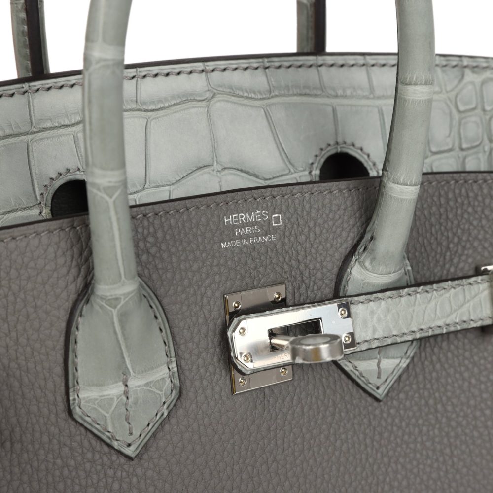 Hermes Birkin 25 Gris Meyer Togo and Gris Ciment Matte Alligator Touch Palladium Hardware - Image 7