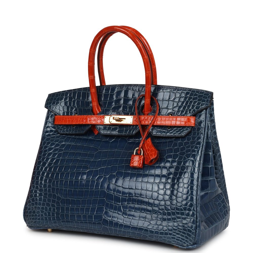 Vintage Hermes Birkin 35 Bleu Roi and Orange Shiny Porosus Crocodile Gold Hardware - Image 5