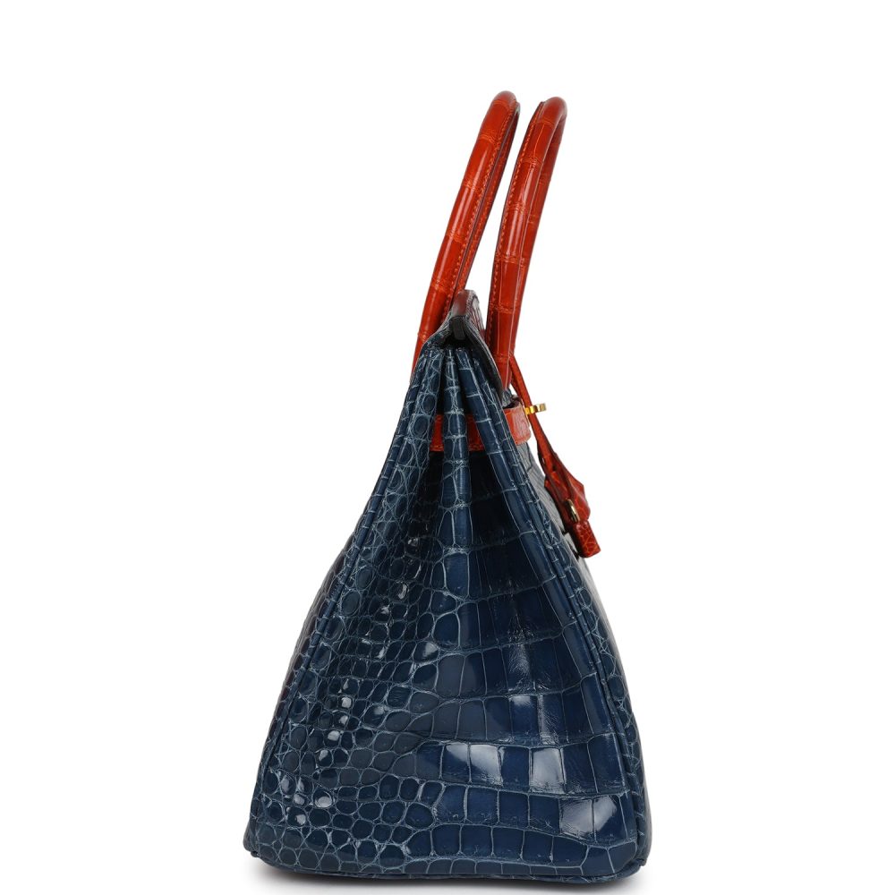 Vintage Hermes Birkin 35 Bleu Roi and Orange Shiny Porosus Crocodile Gold Hardware - Image 3
