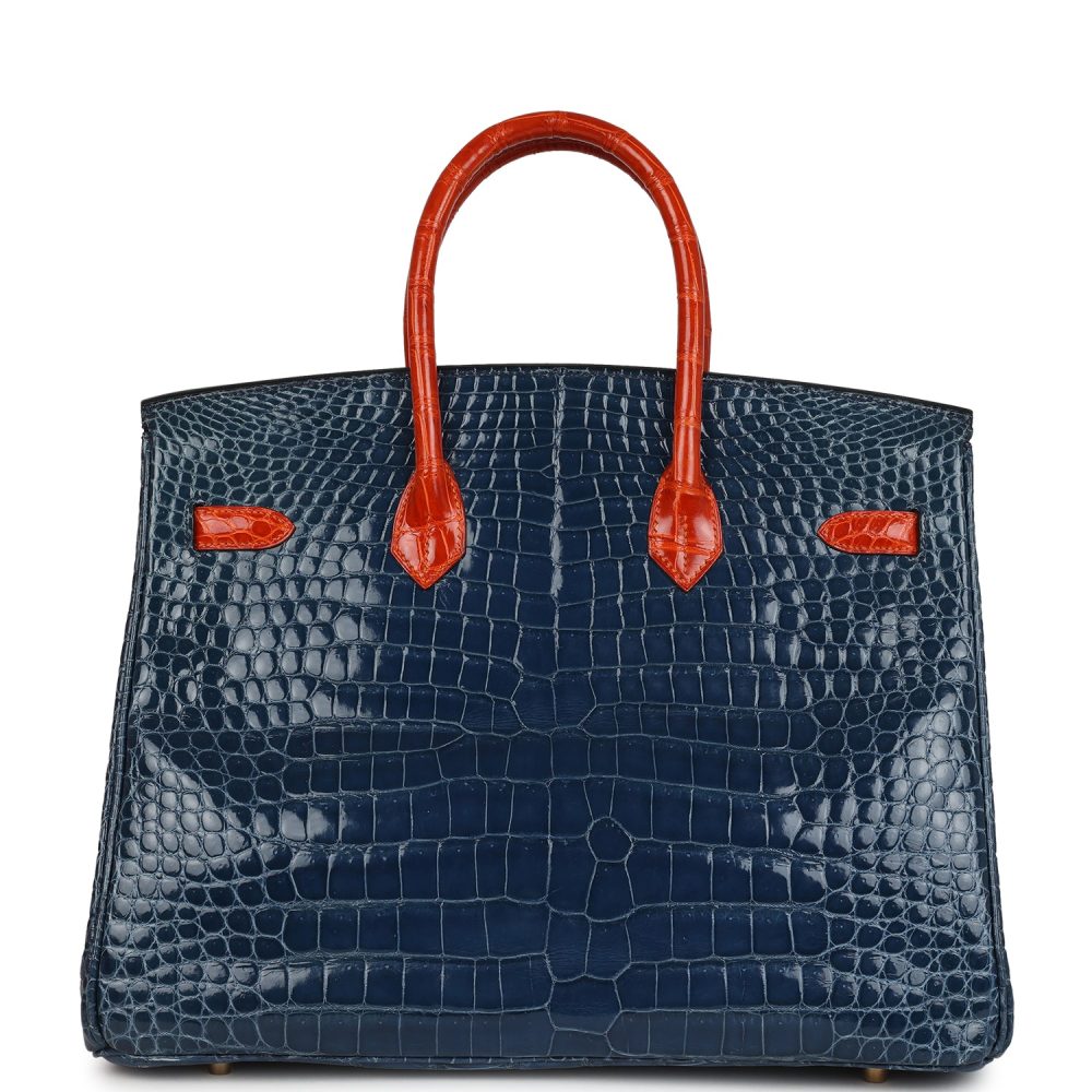 Vintage Hermes Birkin 35 Bleu Roi and Orange Shiny Porosus Crocodile Gold Hardware - Image 4