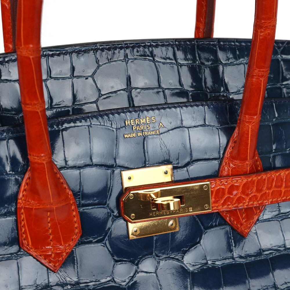 Vintage Hermes Birkin 35 Bleu Roi and Orange Shiny Porosus Crocodile Gold Hardware - Image 7