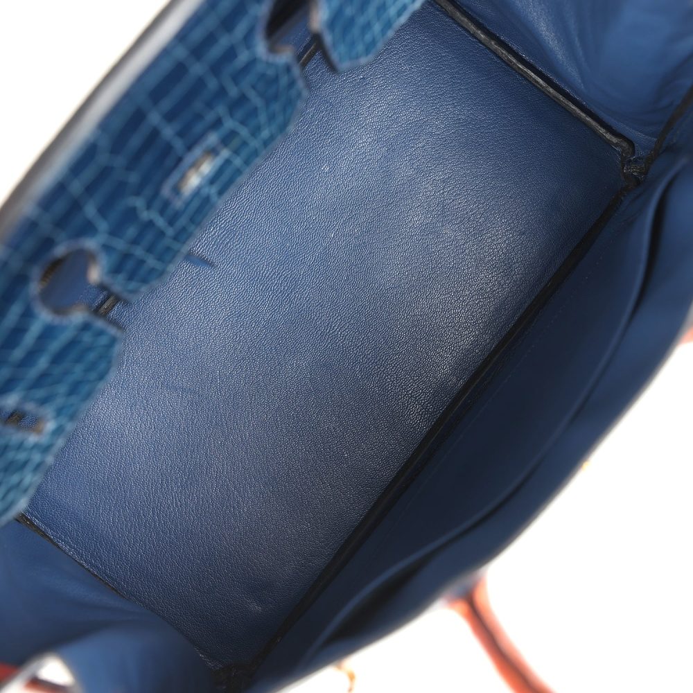Vintage Hermes Birkin 35 Bleu Roi and Orange Shiny Porosus Crocodile Gold Hardware - Image 8