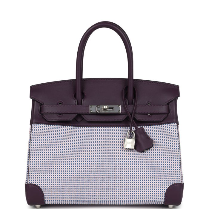 Hermes Quadrille Birkin 30 Cassis Swift, Ecru, Mauve and Bleu Bill Toile Canvas Palladium Hardware