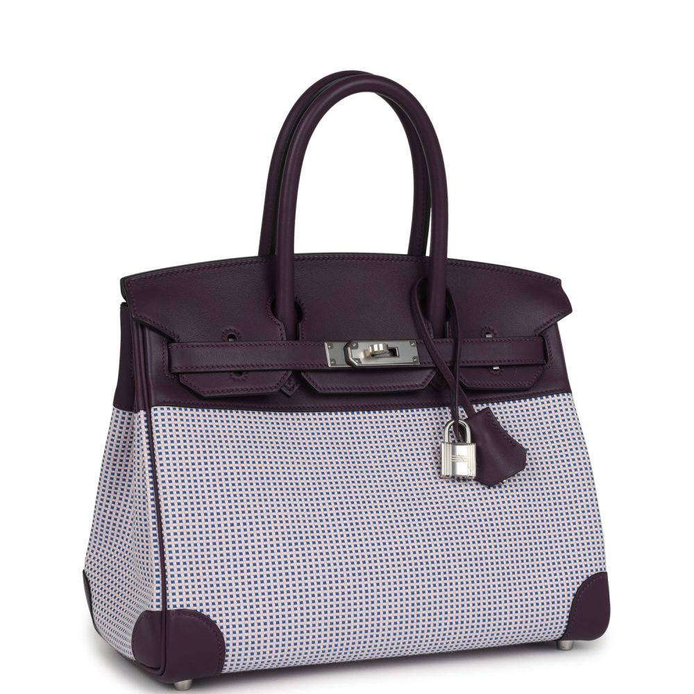 Hermes Quadrille Birkin 30 Cassis Swift, Ecru, Mauve and Bleu Bill Toile Canvas Palladium Hardware - Image 2