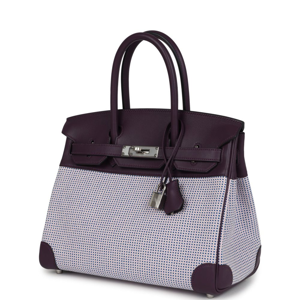 Hermes Quadrille Birkin 30 Cassis Swift, Ecru, Mauve and Bleu Bill Toile Canvas Palladium Hardware - Image 5