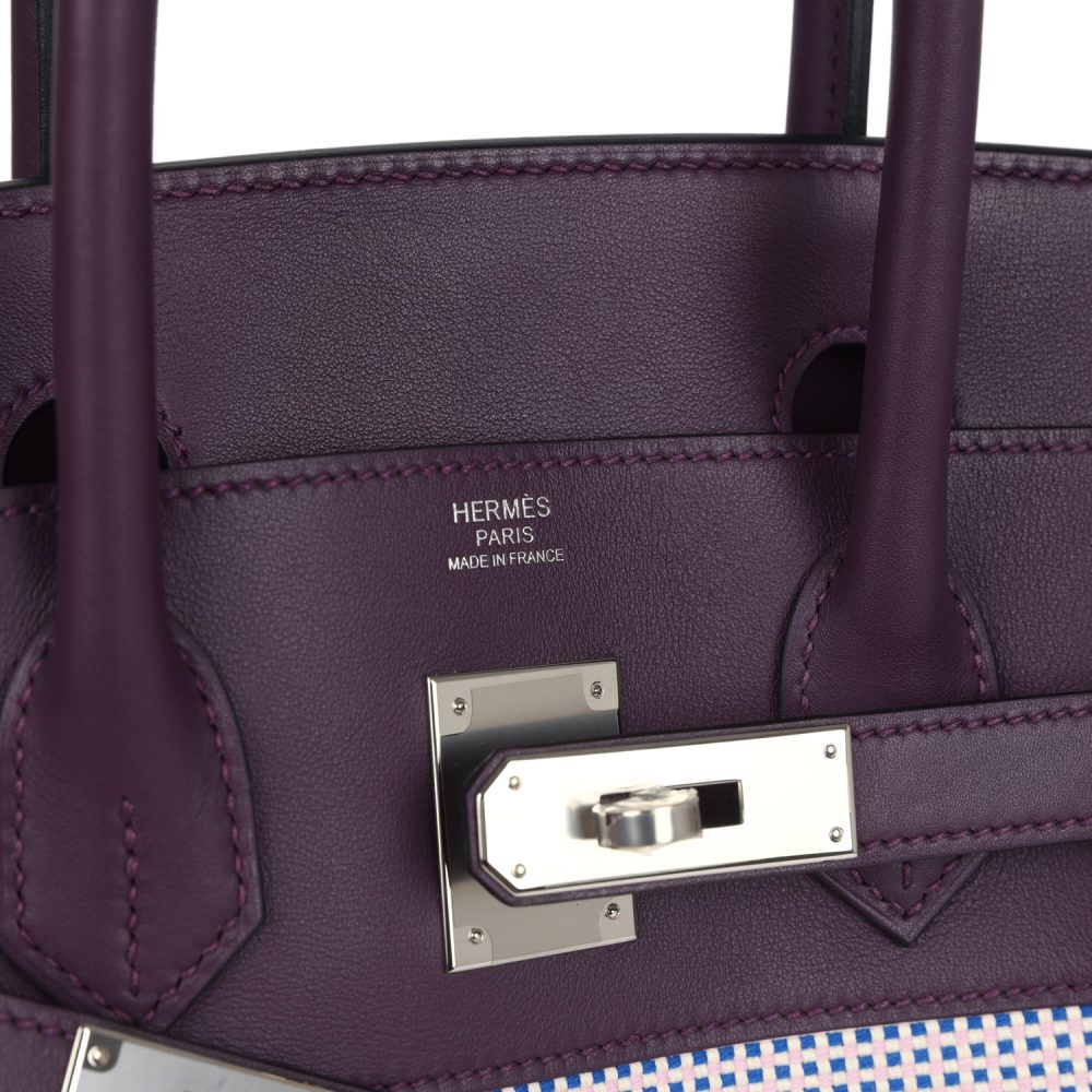 Hermes Quadrille Birkin 30 Cassis Swift, Ecru, Mauve and Bleu Bill Toile Canvas Palladium Hardware - Image 7