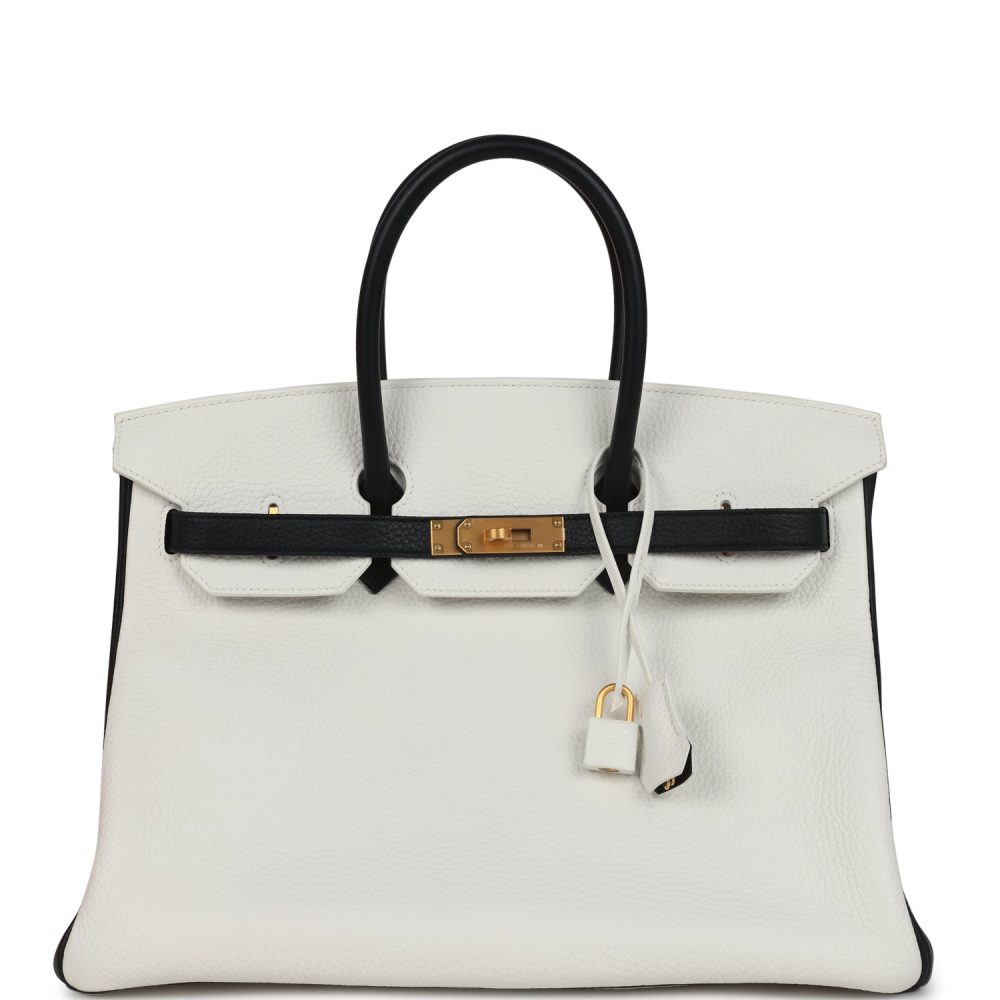 Hermes Special Order (HSS) Birkin 35 White and Black Clemence Brushed Gold Hardware